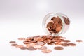 Small change euro cent coins pouring out of glass jar Royalty Free Stock Photo