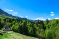 Matschacher Gupf - A a small chapel at the edge of the forest the panoramic view on Baeren Valley in Austrian Alps Royalty Free Stock Photo