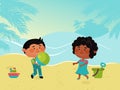 Small character kid play sand beach, children woman man carry ball flat vector illustration. Female male child