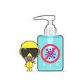 Small character using hazmat suit standing next to hand sanitizer bottle