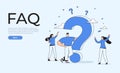 Small characters asking questions around a huge question mark. flat design style minimal vector illustration. Website