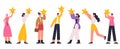 Small characters holding big gold rating stars. People hold stars, positive rating, customers feedback or good review