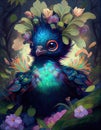 Small charming flower peacock in an enchanted forest, in the style of a magical animal, fantasy art.