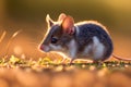 A small and charming mouse roams the lush meadow, illuminated by the soft glow of sunset. AI generated