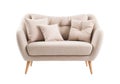 Small, chic Scandinavian-style sofa in beige with clean lines and cushions, set on natural wood legs. Couch isolated on Royalty Free Stock Photo