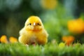 Small chick against the background of spring nature on Easter, in a bright sunny day at a ranch in a village