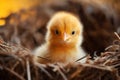 Small chick in a basket against the background of spring nature on Easter, in a bright sunny day at a ranch in a village