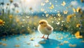 Adorable Baby Chick in Spring Meadow with Butterflies Royalty Free Stock Photo