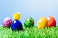 Small chicked on Painted easter egg, grass and blue background Royalty Free Stock Photo
