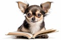 A small Chihuahua dog is reading a book isolated on white background. Close up portrait of a dog reading book