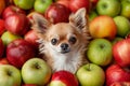 Small chihuahua dog between red and green apples