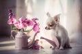 a small chihuahua dog sitting next to a watering can and flowers