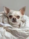 A small chihuahuan dog is covered in white blankets