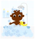 A small child African or African American, newborn or first year of life, bathes in a bathtub full of soap bubbles. Royalty Free Stock Photo