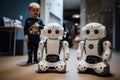 Small child with artificial intelligence android robots.