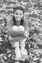 Small child with autumn leaves. Happy little girl in autumn forest. Autumn leaves and nature. Happy childhood. School Royalty Free Stock Photo