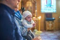 A small child at a baby christening ceremony in a church. the godfather holds a little boy in his arms. Baptism of a