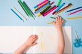 a small child draws with pencils in an album, copy space Royalty Free Stock Photo