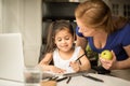 Small child girl enjoying learning with pleasant mother at home