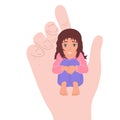 A small child in the hand of a big man. Childhood protection, the concept of the influence of people on children. Vector