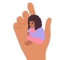 A small child in the hand of a big man. Childhood protection, the concept of the influence of people on children. Vector