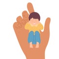 A small child in the hand of a big man. Childhood protection, the concept of the influence of people on children. Vector