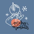 A small child hand holding a decoration Christmas ball. Linear Vector illustration with lettering quote Merry Moments