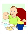 A small child himself eats with a spoon