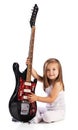 Small child hold red acoustic guitar. Music