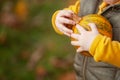 A small child holding a pumpkin in his arms close up. Healthy diet. Autumn time. Copy space