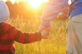 A small child holds an adult`s hand. evening walk, joint rest, time together. family value