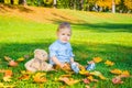 Small child playing with his teddy bear and colorful leaves in the park, in autumn. Cute baby boy portrait having fun outdoor in Royalty Free Stock Photo