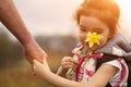 A small child`s hand in his father`s big palm. Royalty Free Stock Photo