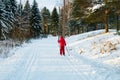 Small child in the ski track at winter forest in Finland Royalty Free Stock Photo