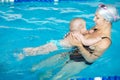 Small child swim with his mother in the pool
