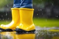 A small child yellow rubber boots, A picture of summer and autumn holidays. A child in the rain. ai generative