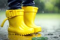 A small child yellow rubber boots, A picture of summer and autumn holidays. A child in the rain. ai generative