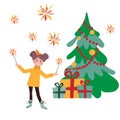 Small children celebrate the New Year. A cheerful little girl decorate the Christmas tree