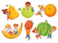 Small children holding big fruits