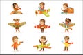 Small Children In Pilot Costumes Dreaming Of Piloting The Plane, Playing With Toys Adorable Cartoon Characters