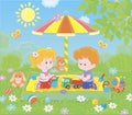 Small children playing in a sandbox on a sunny day Royalty Free Stock Photo