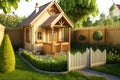 small children's wooden house in flower garden in yard of home cozy backyard