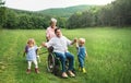 Small children with senior grandparents and dog on a walk on meadow in nature. Royalty Free Stock Photo