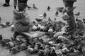 Small children on a winter day playing in a square in a European city. They enjoy chasing pigeons and feeding them Royalty Free Stock Photo