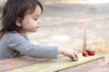 a small children& x27;s hand points to one toy car among a multitude of cars on a wooden red-yellow table Royalty Free Stock Photo