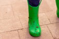 Small childs green welly covered in dirt and leaves Royalty Free Stock Photo