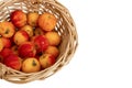 Small Chinese apples in a basket. Bright juicy red and yellow fruits. Vitamins from nature. Isolated on white background. Space Royalty Free Stock Photo