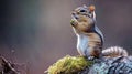A small chipmunk sits on a mossy tree branch and eats a green nut Royalty Free Stock Photo