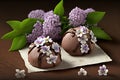 small chocolate buns with lilac flowers bouquet like as candies