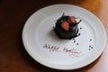 small chocolate cake with strawberry with words \